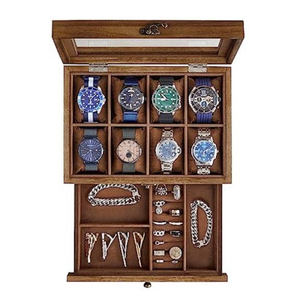 8-Slot Watch Box 2-Tier Watch Display Case with Large Glass Lid